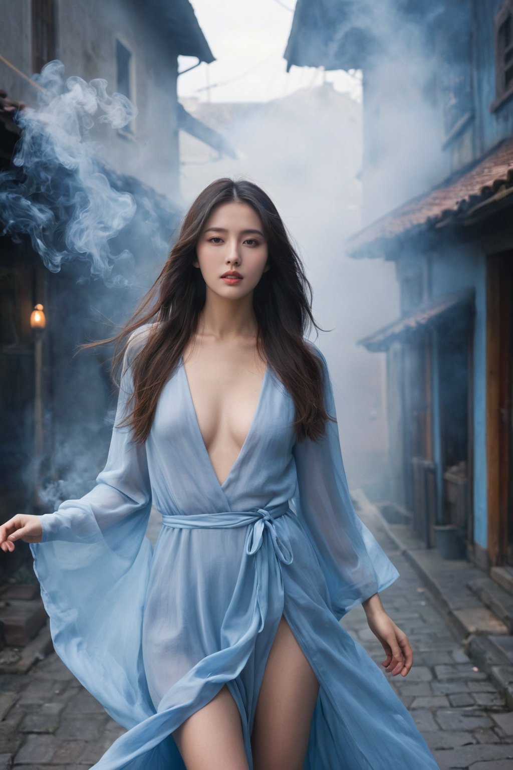 (ultra realistic,best quality),photorealistic,Extremely Realistic, in depth, cinematic light,hubggirl,glowing, robe, (fog,:1.2) (mist:1.2), smoke, girl composed of white light, girl composed of black smoke, fire, sun, hubggirl, large breasts, long hair, solo, (photorealistic:1.4), cowboy shot, cinematic angle, fisheye, motion blur, sexly, shoujo kitou-chuu,blue fire, frie rain, Long hair fluttering in the wind,wave,dynamic poses, particle effects,perfect hands, perfect lighting, vibrant colors, surreal dramatic lighting shadow (lofi, analog),intricate details, high detailed skin,intricate background, realism, realistic, raw, analog, taken by Canon EOS,SIGMA Art Lens 35mm F1.4,ISO 200 Shutter Speed 2000,Vivid picture,