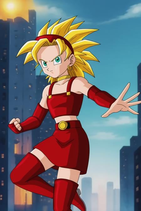 source_anime, score_9, score_8_up, score_7_up, anime screencap,bulla, super saiyan, 1girl, solo, blonde hair, green eyes, full body, spiked hair, building, city, cityscape, skyscraper, red hairband, bare shoulders, eyebrows, hoop earrings, eyelashes, bridal gauntlets, elbow gloves, red gloves, fingerless gloves, crop top, red crop top, midriff, skirt, red skirt, thigh boots, red footwear, outstretched arm, outstretched hand, knee up, clenched hand, flying, midair, angry, collarbone, choker, flat chest, looking at viewer, frown, pointy nose, v-shaped eyebrows, belt, leather <lora:bulla_pony_v1:0.7>