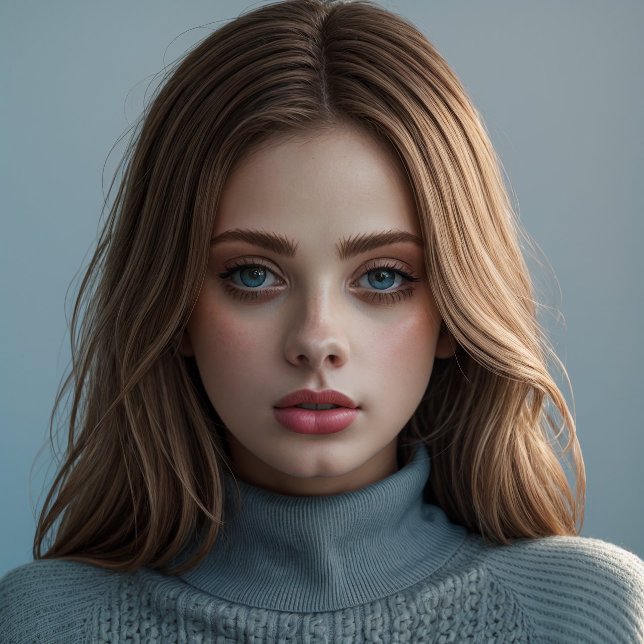 (masterpiece:1.3) view from below, portrait of beautiful (AIDA_LoRA_InWo2023:1.07) <lora:AIDA_LoRA_InWo2023:0.91> in (simple light blue sweater:1.1), [stunning girl], skin with visible pores, pretty face, self-assurance, dramatic, insane level of details, kkw-ph1, (colorful:1.1), (studio photo:1.1), (simple white background:1.1)