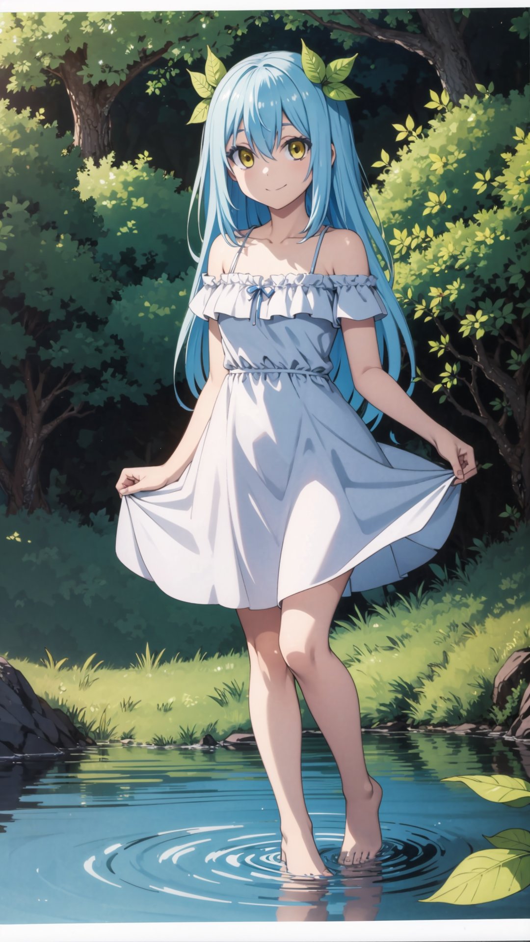 (masterpiece, best quality), ray tracing, absurdres, HDR,rimuru tempest, underground lake goddess, 1girl,yellow eyes,blue hair,medium breasts , cleavag ,hair between eyes, long hair, solo, leaf hair ornament, dress, comic, , closed mouth, water,, ripples, smile, barefoot, off shoulder, bare arms ,looking at viewer,<lora:rimuru_lake_goddess:0.7>