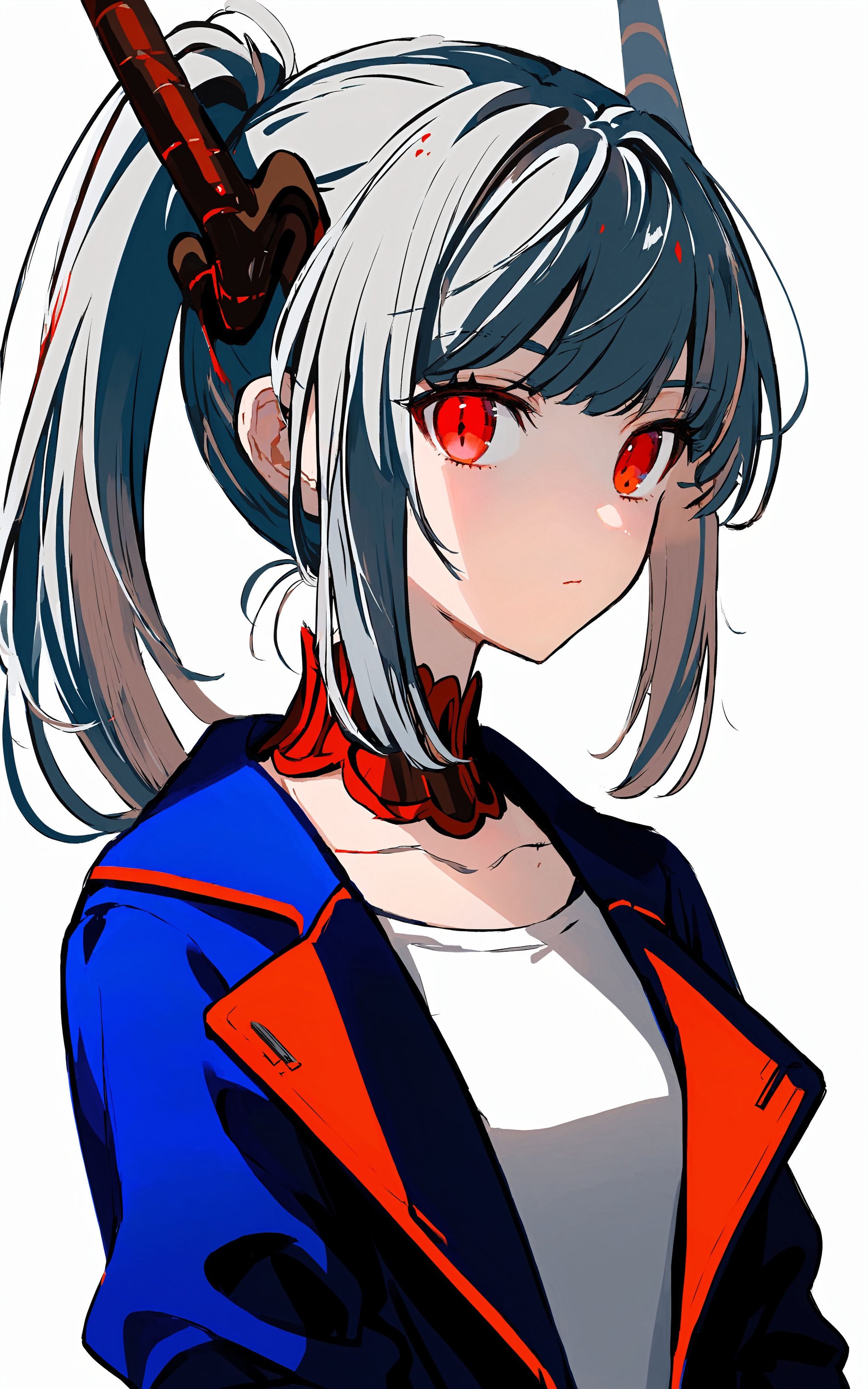 1girl, horns, solo, simple background, ponytail, red eyes, white background, blue jacket, jacket, dragon horns, grey hair, open jacket, looking at viewer, shirt, sidelocks, portrait, open clothes, upper body    <lora:XLTEST 10:0.75>