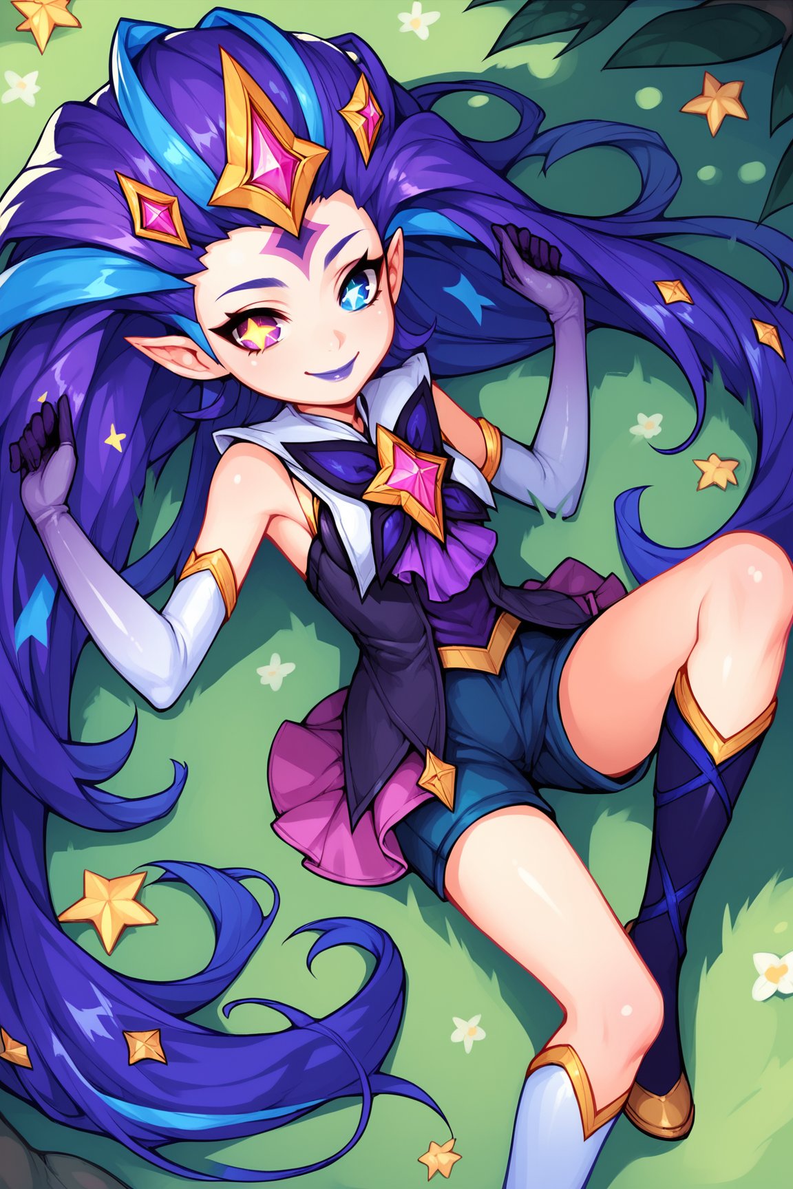 score_9, score_8_up, score_7_up, score_6_up, score_5_up, score_4_up, BREAK, ZoeSGXL, star guardian (league of legends), purple lips, purple eyes, (blue eye), heterochromia, star-shaped pupils, purple hair, blue hair, multicolored hair, long hair, gold star forehead, hair ornament, pointy ears, small breasts, bare shoulders, star (symbol), purple dress, purple elbow gloves, pink skirt, blue short, white single thighhigh, black thighhigh, solo, lying on grass, seductive smile, looking at viewer, forest, tree <lora:ZoeSGXL:0.8>