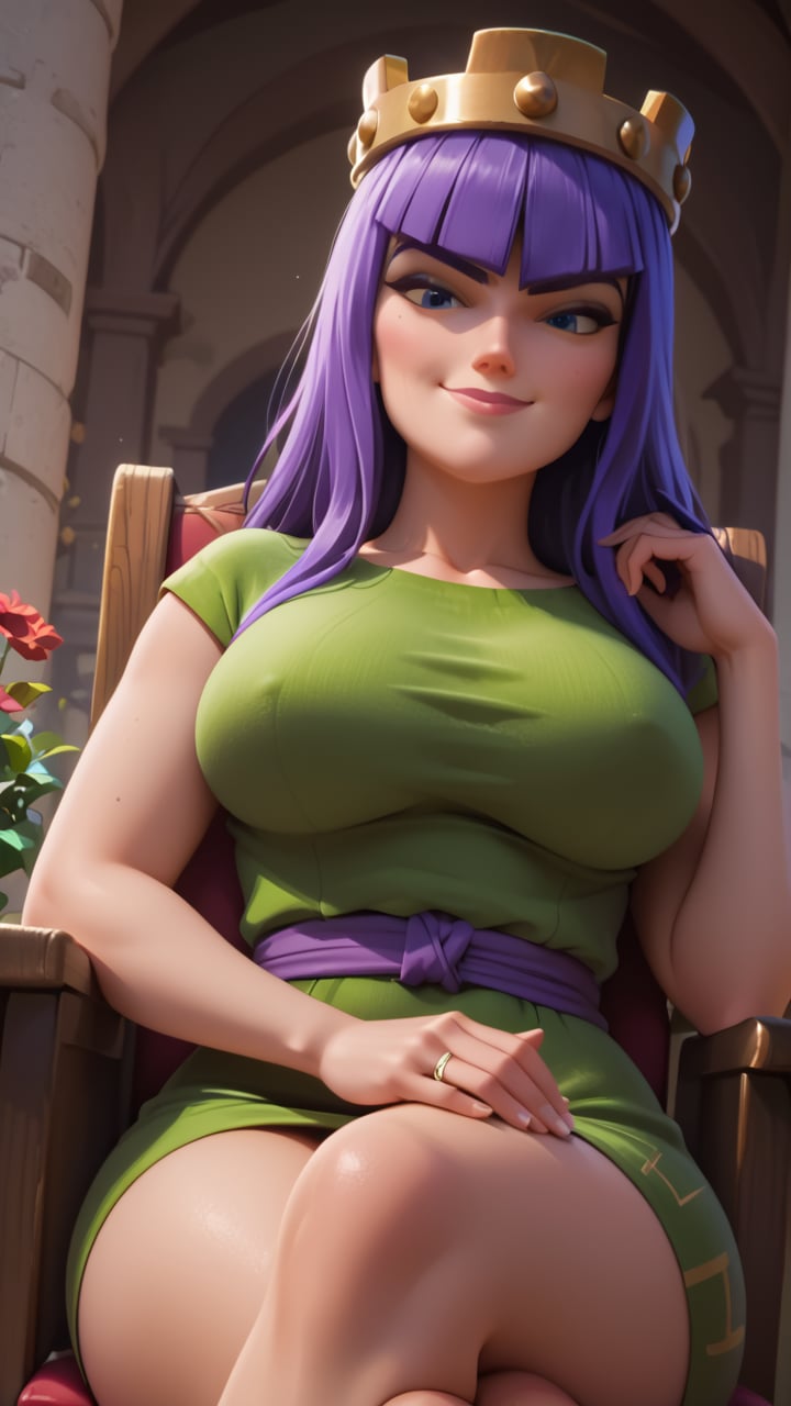 score_9_up, score_8_up, score_7_up, anime screencap, 1girl, archer_queen, purple hair, milf, large breasts, wide hips, smirk, sitting on chair, crossed legs, from below, dutch angle, wide shot<lora:EMS-461189-EMS:1.000000>