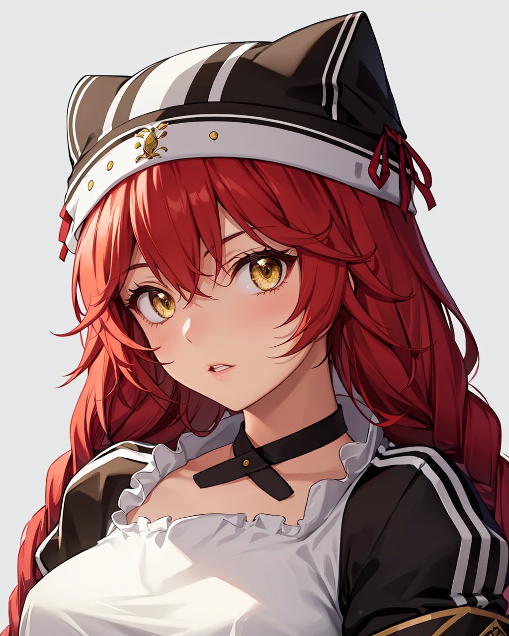 masterpiece,best quality, highly detailed, lupusregina beta,1girl, solo, hat, maid, twin braids, looking at viewer, black choker, breasts, upper body, maid headdress, grey background, simple background, parted lips, red ribbon, frills, dress,<lora:lupusregina_beta:1>