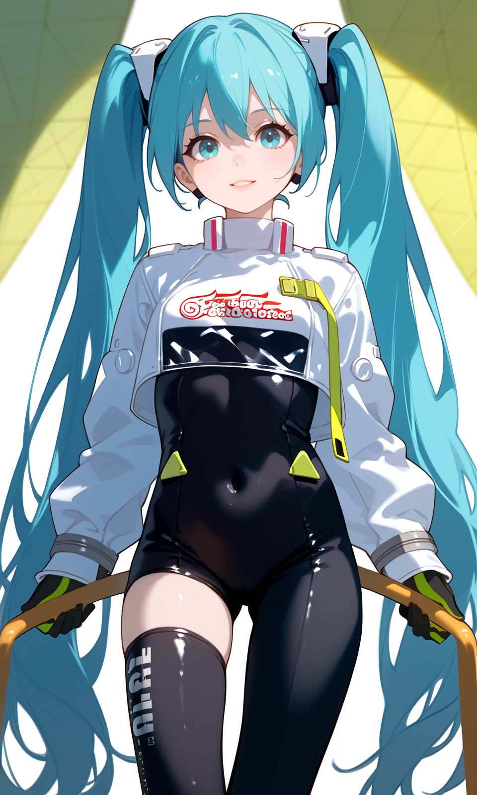 score_9, score_8_up, score_7_up, score_6_up, BREAK1girl, miku22, aqua eyes, aqua hair, black bodysuit, breasts, covered navel, cowboy shot, hatsune miku, long hair, looking at viewer, race queen, skin tight, solo, thighhighs, twintails, very long hair, zipper,looking at viewer, arms at sides,masterpiece, absurdres,<lora:RacingMiku2022_Pony:1>