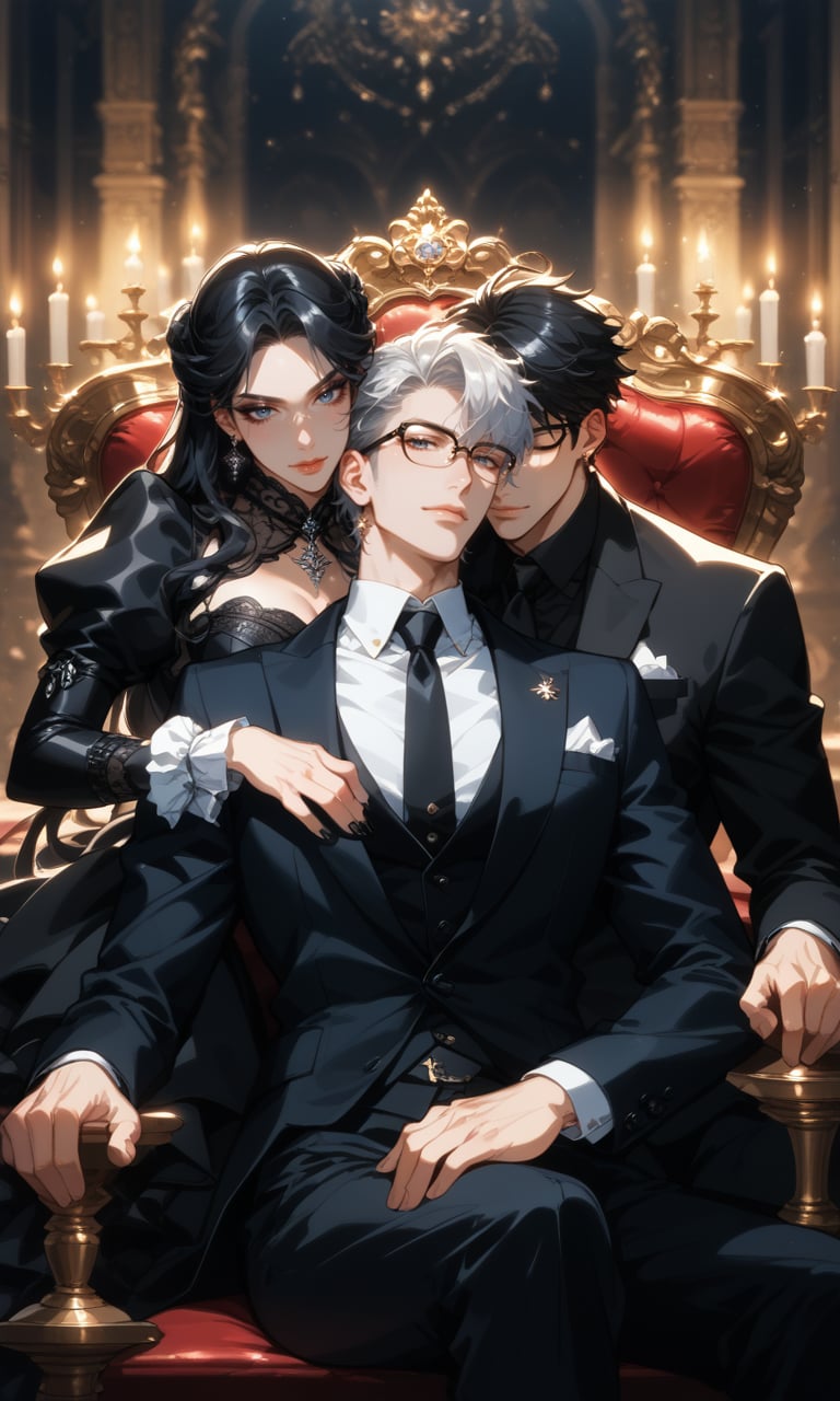 score_9, score_8_up, score_7_up, anime style, elegant gothic group, three characters, dark-haired woman sitting on a throne, wearing black and white formal attire, mysterious expression, two men standing beside her, one with messy dark hair, the other with silver hair and glasses, both wearing dark suits, aristocratic setting, dim lighting, luxurious furniture, dark gothic atmosphere, candlelit room, vintage portrait on the wall, intricate details, reflective polished floors, fantasy romance, subtle tension, power dynamics, elegant and stylish, BREAK, close-up details on clothing, refined poses