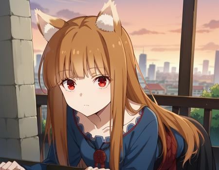 score_9, score_8_up, score_7_up, source_anime,wolfholo, <lora:wolf-holo-alpha-ponyxl-lora-nochekaiser:1>holo, red eyes, bangs, blunt bangs, sidelocks, animal ears, fox ears, brown hair, long hair,dress, long sleeves, collarbone,outdoors, cityscape, bent over,looking at viewer, cowboy shot, dutch angle,