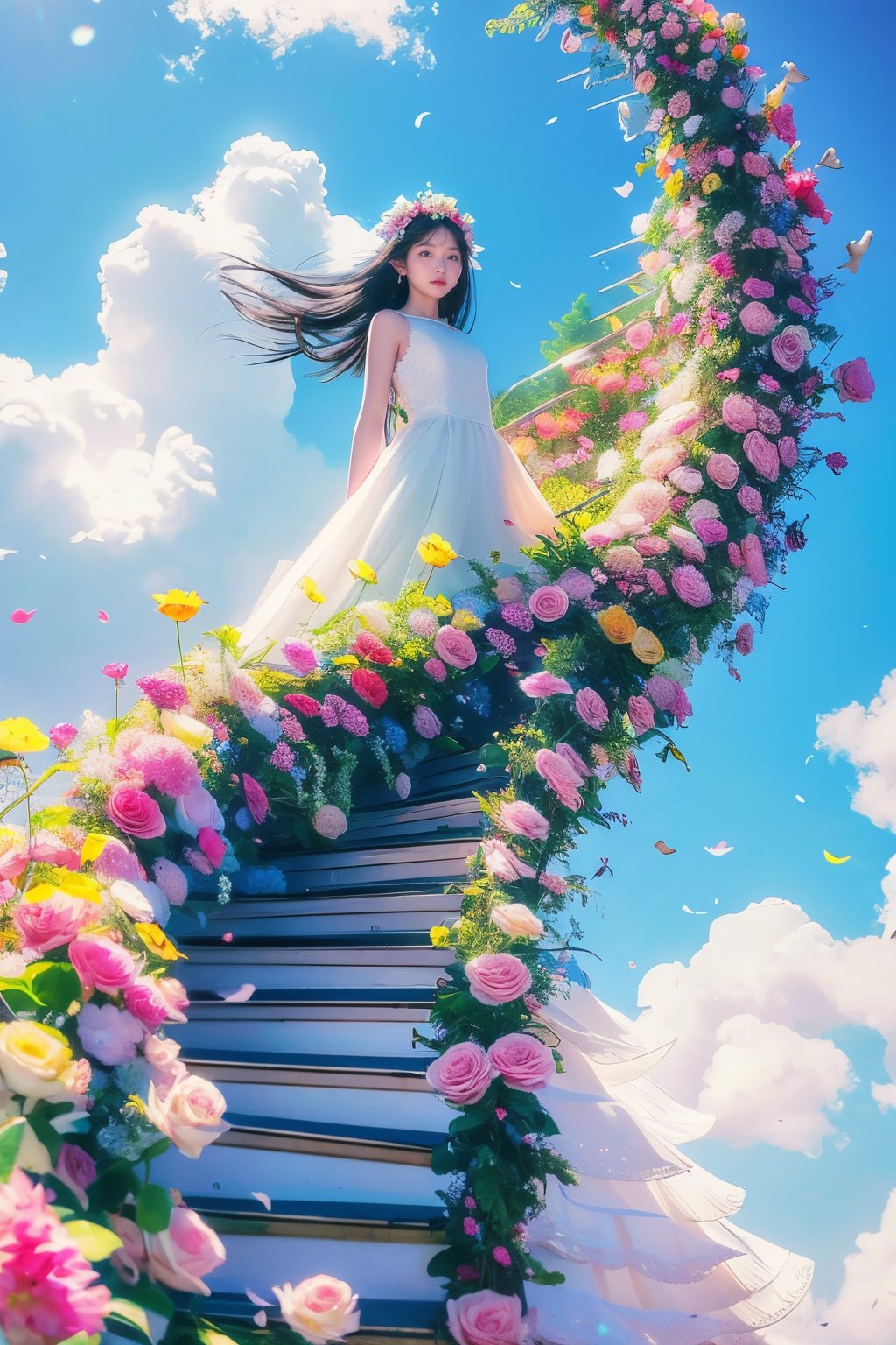 1girl,<lora:HUATI_20240329202602-000006>,Stairs in the air,flower,white wedding,solo,sky,long hair,white dress,black hair,cloud,bird,blue sky,hair ornament,outdoors,day,pink flower,sleeveless,standing,sleeveless dress,hair flower,wide-angle lens,