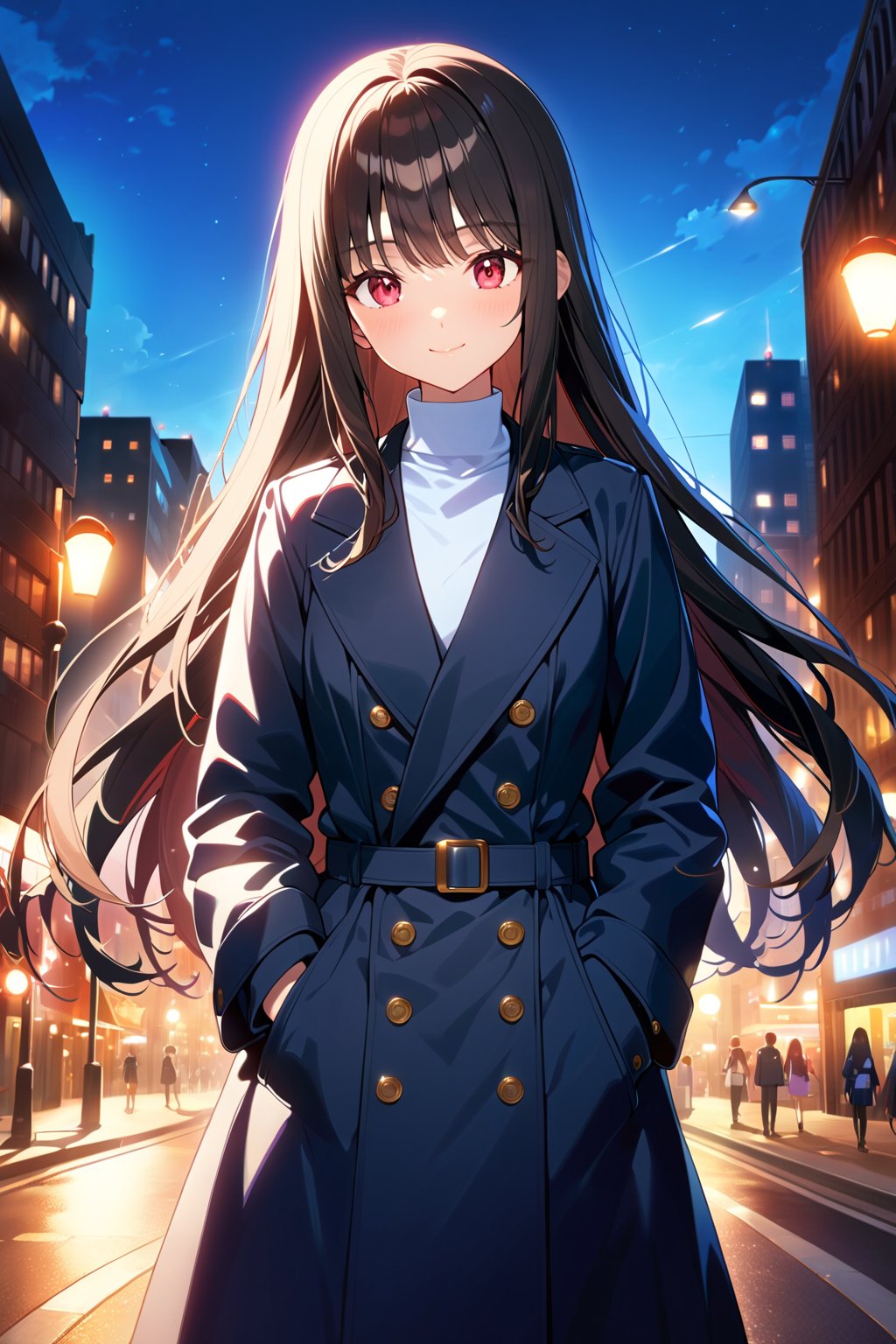 1girl, solo, teen, cowboy shot, (depth of field:1.2), (night), (long coat), downtown, (street light:1.1), (Fantastic lighting), looking at viewer, black hair, long hair, [smile], (Closed mouth)best quality, 4K, ultra detailed CG, highres, source_anime, newest