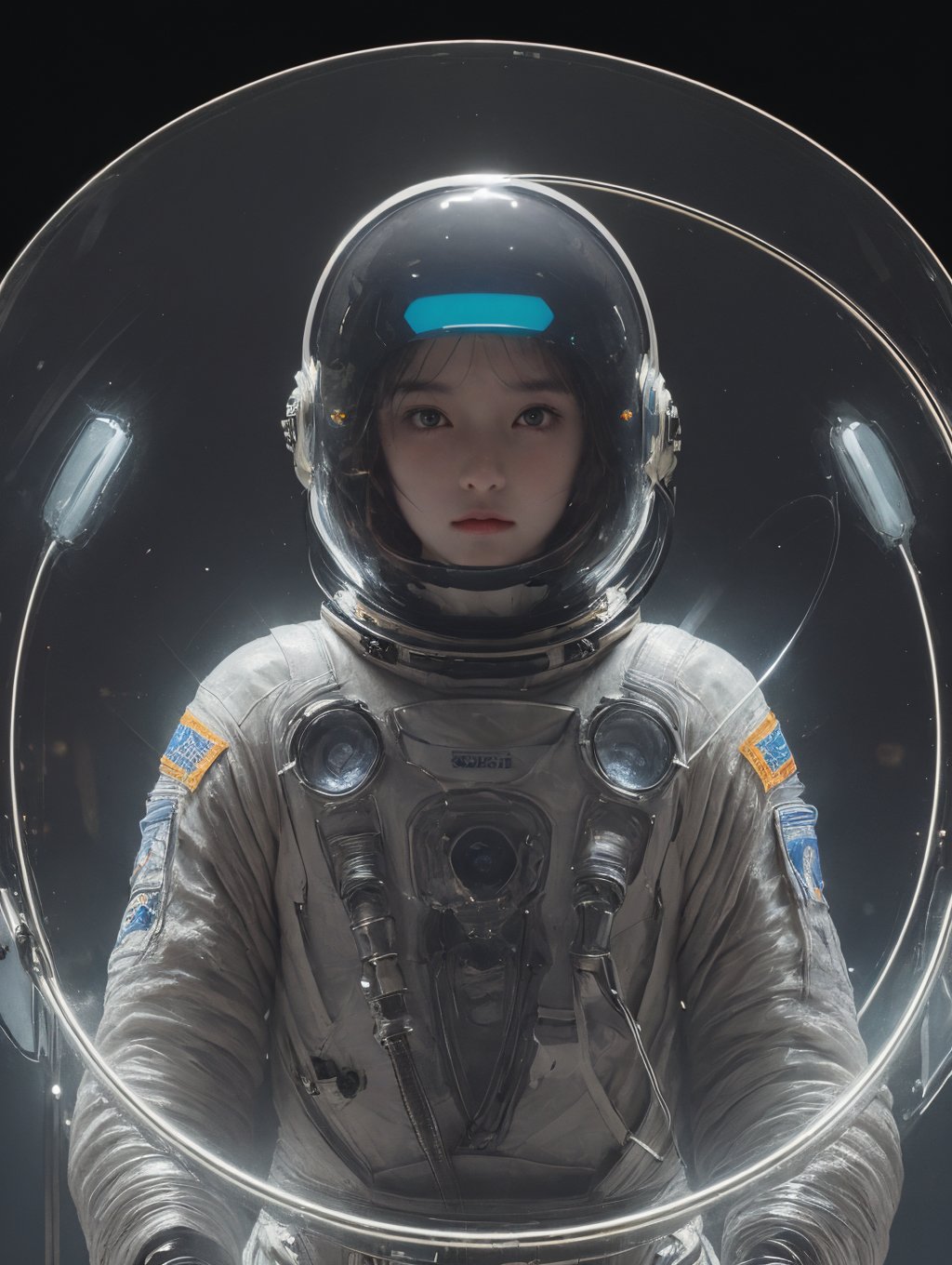 masterpiece, best quality,((Circular glass helmet:1.2)), Astronaut helmet，Glass helmet,1girl, french braid,solo,( mechanization:1.3),(( spacesuit:1.2)), pillarboxed,((Wrapping neon light wires around one's body:1.2)),Technology,Body insertion line,((There is a glass cover on the head:1.2)), <lora:Space suit_20230627175314:0.35>