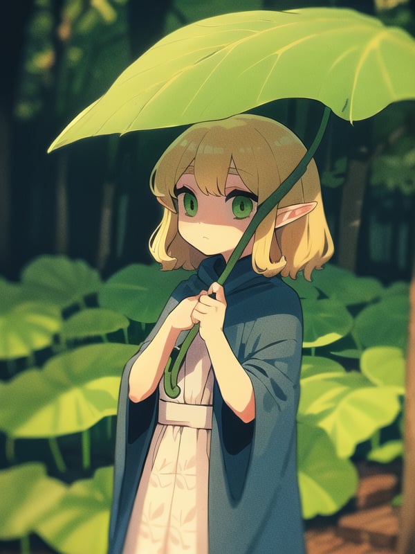 masterpiece, best quality, 1girl,blond hair,long eyes,green eyes,leaf umbrella,leaf,elven dress, leaf-patterned cloak,outdoar, <lora:leafumbrella:0.7>