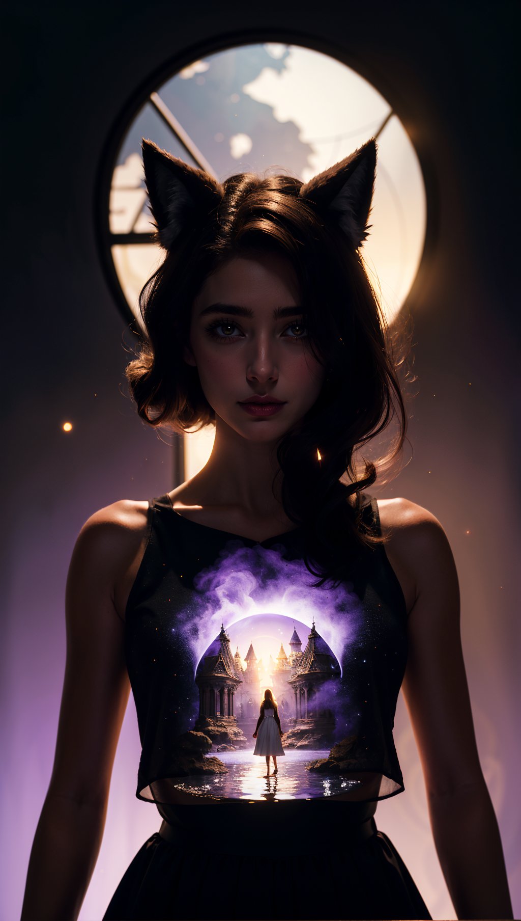 mythical doorway,1girl,(upper body:0.9),(gold eyes),inter-dimensional,witnessing greatness,mature female,spontaneous,deepness,(white ambience),creative,(silhouette:1.4),portrait,cosmic,(white dress),luxury,gold trim,effortless,wise,true,dark theme,darkness,righteousness,dark reflective water,ethereal,13,highest quality,best shadow,immaculate infrared,(ultra-violet),glass,(plants),bioluminescence,(planetary:0.8),light map,depth map,medium hair,floating hair,(particle dust),cinematic,(wolf ears),fluff,(maroon background:1.2),