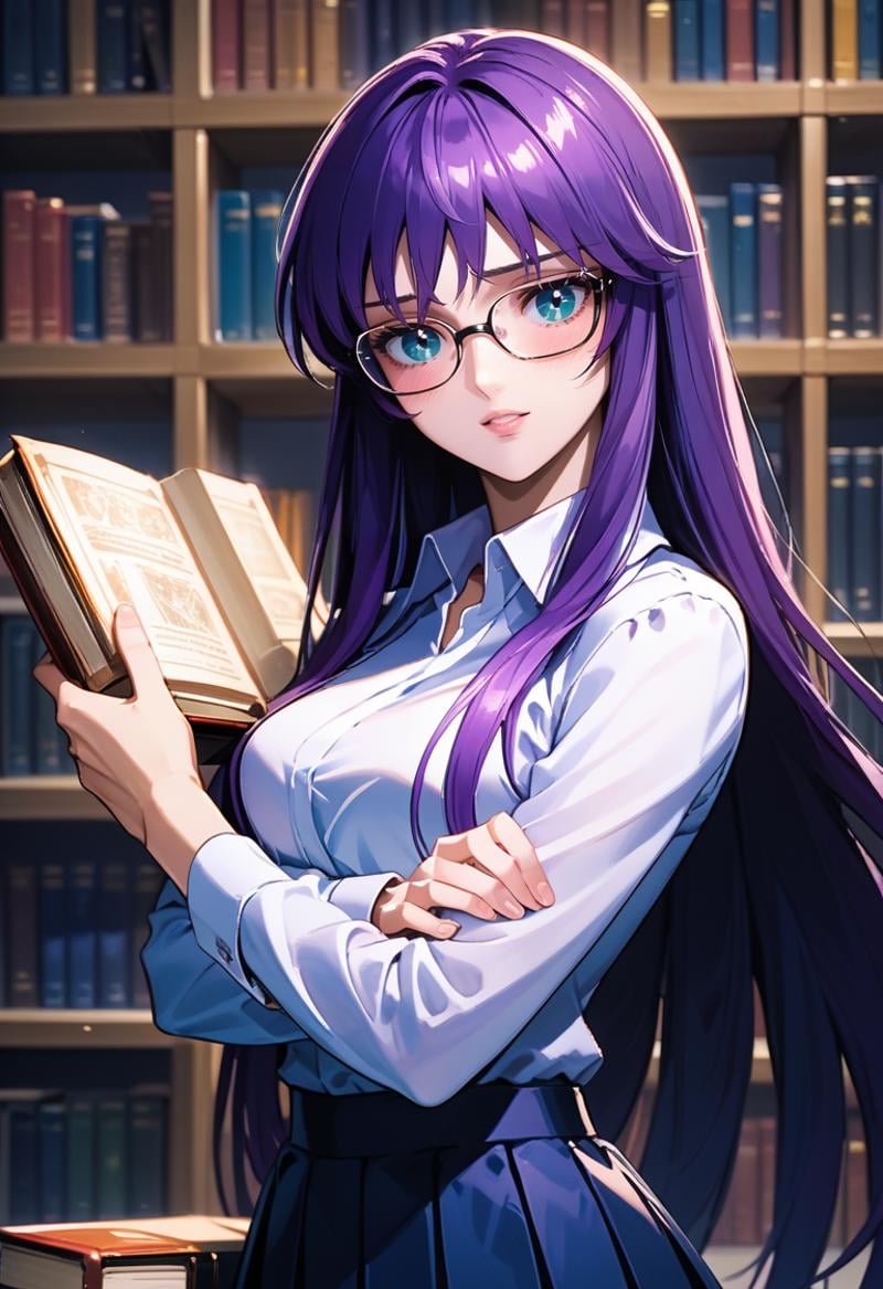 score_9, score_8_up, score_7_up, best quality, intricate details, source anime, rating explicit, BREAKlove gaze, blush, parted lips, light smile, head tilt, athenakido, purple hair, long hair, aqua eyes, bangs,<lora:SaoriKido_Pony_v02-10:1>  solo, book hug, crossed arms, collared shirt, pleated skirt, glasses, embarrassed, parted lips, blush, bookshelf,