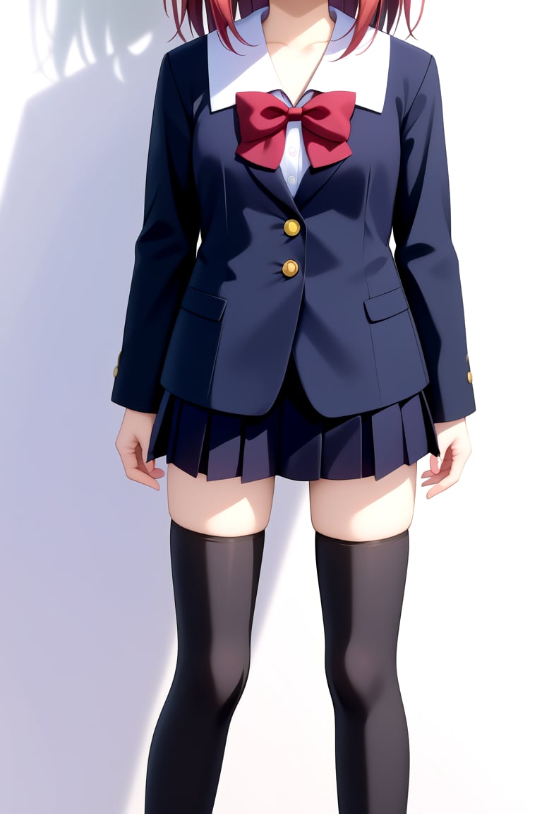 Highly detailed, High Quality, masterpiece, beautiful, 1girl, solo, female focus, white background, school uniform, ((black jacket)), long sleeves, arms at sides, pleated skirt, black skirt, bow, headless, thighhighs, black thighhighs, zettai ryouiki, shoes, front view, Upper body<lora:EMS-418350-EMS:0.800000>