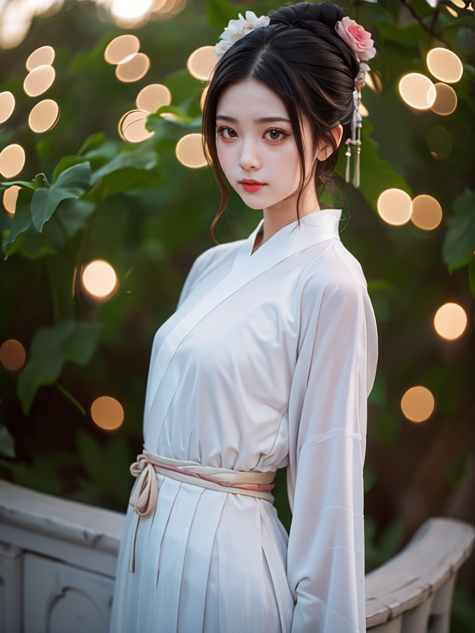 1girl,looking at viewer,bokeh,hanfu,<lora:好吃米-SD1.5-hanfu-000007:0.6>,upper body,arms_behind_back,