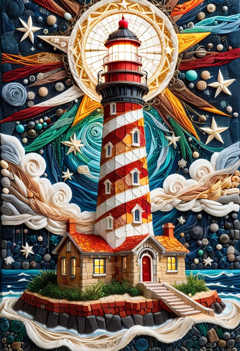 A lighthouse under a star-filled sky, beads representing the twinkling stars and the glowing light of the lighthouse, with string art emphasizing the intricate patterns of the brickwork., complex, luxurious, exquisite craftsmanship, rich vibrant colors, delicate work, insanely detailed, ArtStation, masterpiece, 4k resolution, intricately detailed, masterful composition.fabric