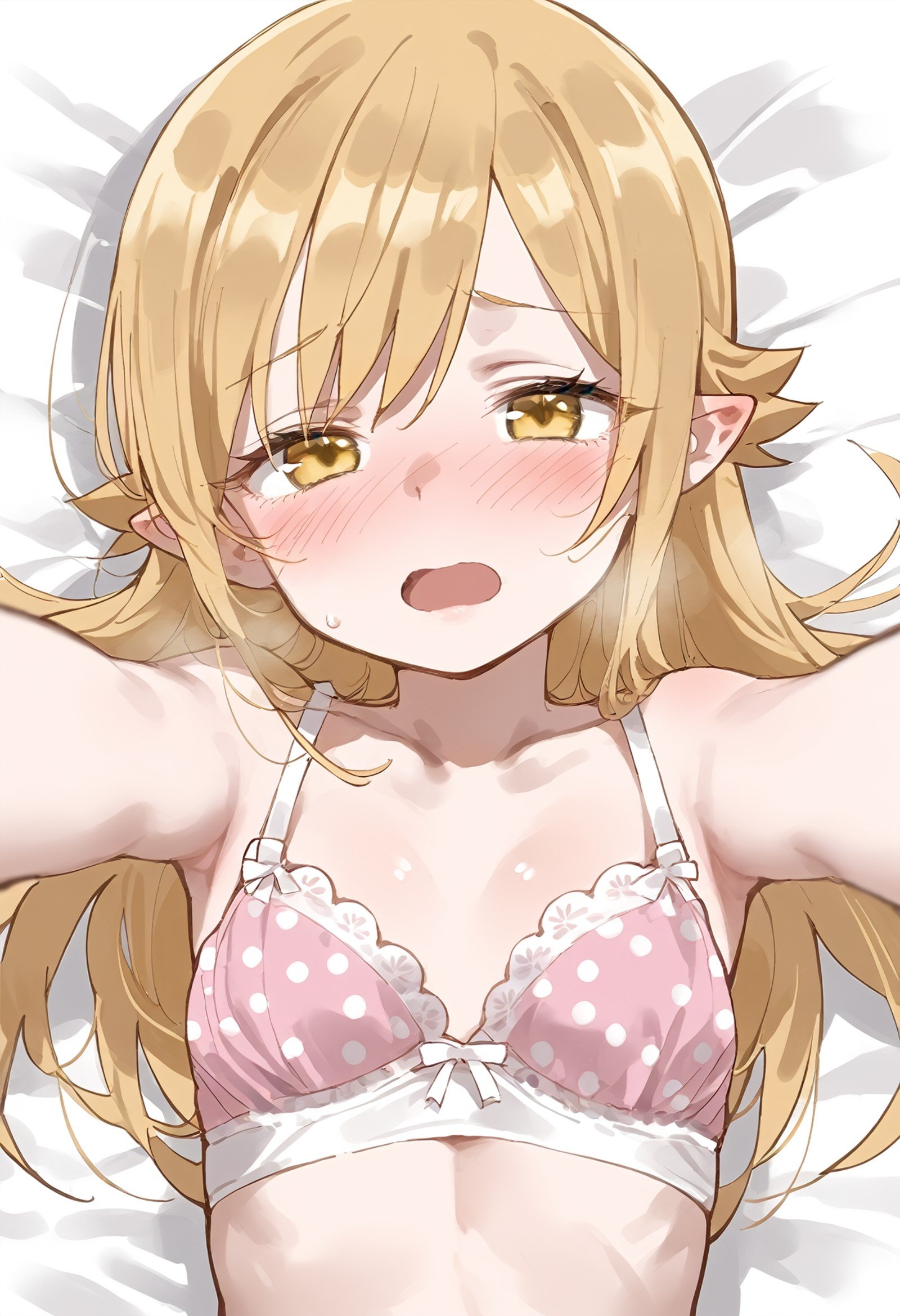 score_9,oshino shinobu,long hair,solo,blonde hair,yellow eyes,pointy ears,blush Blush background, outstretched arms, lying, on bed, open arms, looking_at_viewer, from_above, upper_body, close-up, open mouth, shy, pale skin, heavy breathing, polka dot bra,