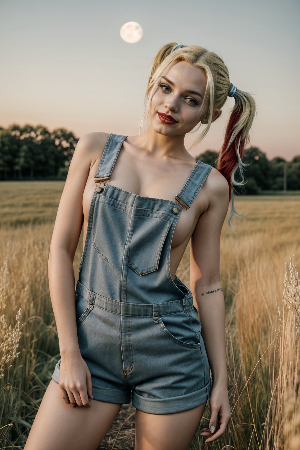 masterpiece,best quality,ultra high res,1girl,harley quinn \(cosplay\),tashan naked overalls,Repetition composition,Vibrant color,Tight Shot,<lora:20240412beidai-v1:0.6>,A moonlit meadow with soft grass and twinkling stars.,