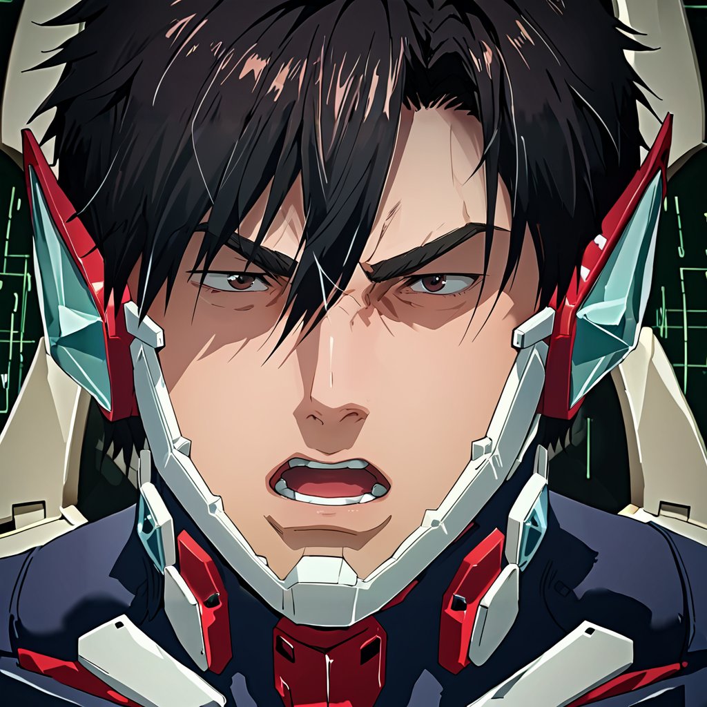score_9,score_8_up,score_7_up, solo male, Isami Ao, black hair, (bangs, hair between eyes, hair above eyes:1.2), brown eyes, sanpaku, constricted pupils, Bang Bravern bodysuit, mandible guard, tactical gloves, (upper body), close up, symmetrical picture, front view, mature, handsome, charming, alluring, masculine, serious expression, intense eyes, v-shaped eyebrows, open mouth, shout, mad, angry, look at viewer, leaning forward, sitting in huge industrial mecha, mecha cockpit, operator's seat, throttle, joystick, seatbelt, multiple monitor screen, perfect anatomy, perfect proportions, best quality, masterpiece, high_resolution, dutch angel, cowboy shot, photo background, science fiction, mecha, multiple monitors, cinematic still, emotional, harmonious, bokeh, moody, epic, gorgeous, inside the mecha, emphasis lines, motion lines, motion blur<lora:EMS-369096-EMS:0.800000>