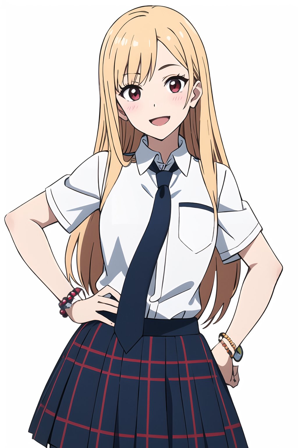 kitagawa marin,1girl,:d,upper body,bead bracelet,beads,black necktie,blonde hair,blue skirt,blush,bracelet,hand on own hip,jewelry,long hair,looking at viewer,necktie,open mouth,plaid,plaid skirt,red eyes,school uniform,shirt,outdoors,skirt,smile,solo,standing,white background,white shirt,((masterpiece)),