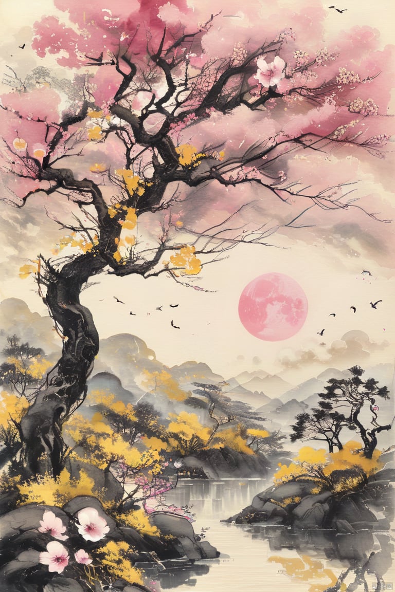 ((masterpiece)),((best quality)),1girl:2,traditional Chinese painting,inkwash painting,mountain,cloud,river,flower,tree,pink sun, white and yellow, traditional chinese,clouds, black tone color,curved white background,dynamic angle,full_body,yingyang,black inkwash<lora:EMS-307144-EMS:0.800000>