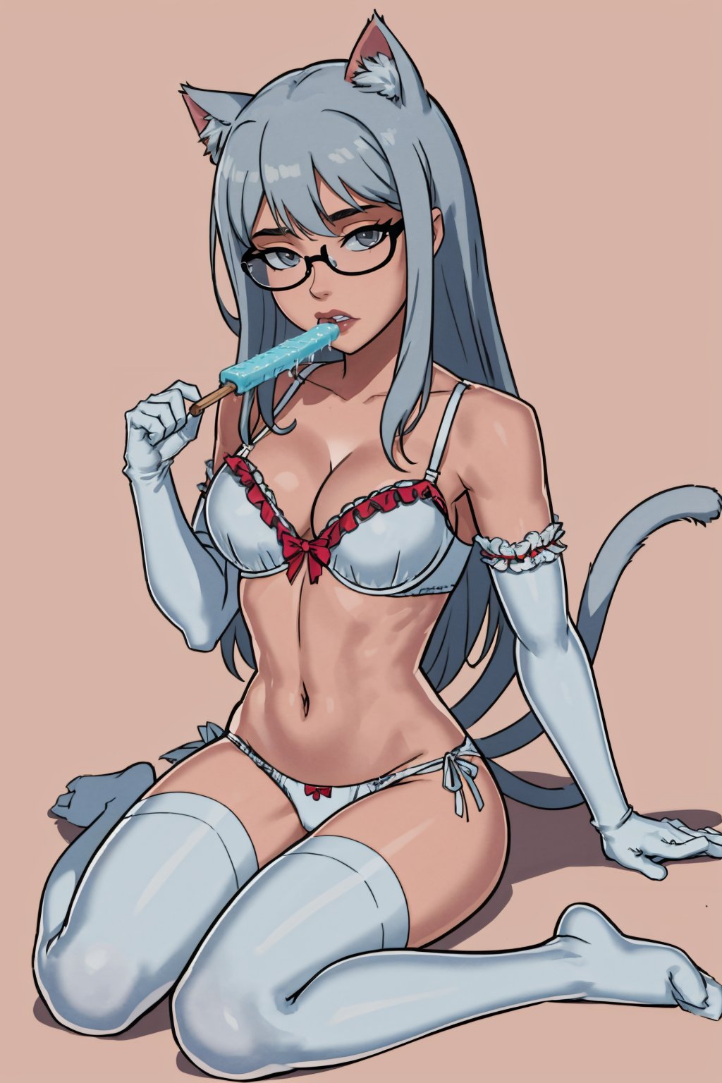 (masterpiece, best quality:1.2),   <lora:somethingunlimited:1>, somethingunlimited, 1girl, breasts, meme attire, solo, cat cutout, cat lingerie, thighhighs, clothing cutout, gloves, food, cleavage cutout, long hair, popsicle, glasses, panties, underwear, white thighhighs, sitting, navel, tail, cleavage, elbow gloves, large breasts, white gloves, wariza, bra, grey hair, grey eyes, white bra, white panties, side-tie panties, hair bow, bow, cat ear panties, looking at viewer, frilled bra, cat tail, melting, dripping