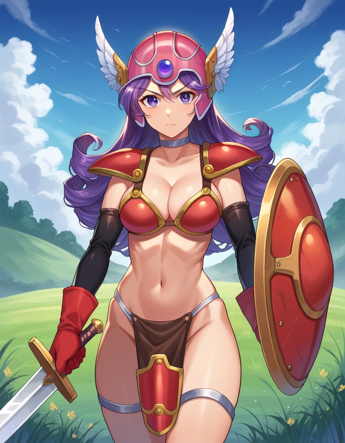 score_9, score_8_up, score_7_up, source_anime,dqsoldier, <lora:dq-soldier-ponyxl-lora-nochekaiser:1>,soldier, long hair, purple eyes, purple hair, curly hair,armor, bikini armor, choker, cleavage, elbow gloves, gloves, helmet, navel,outdoors, fields, grass, weapon, sword, shield, holding sword,looking at viewer, dutch angle, cowboy shot,