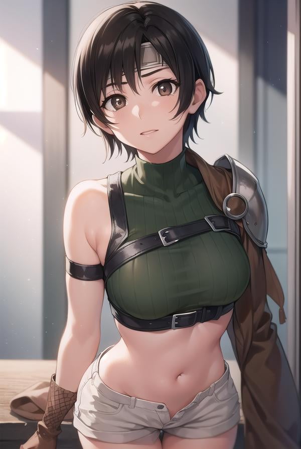 yuffiekisaragi, <lora:yuffie kisaragi v2-lora-nochekaiser:1>, yuffie kisaragi, (black hair:1.5), (brown eyes:1.7), short hair, pixie cut,BREAK crop top, fingerless gloves, fishnet thighhighs, fishnets, forehead protector, gloves, headband, navel, short shorts, shorts, single sleeve, single thighhigh, sleeveless, sleeveless turtleneck, thighhighs, turtleneck,BREAK cowboy shot, looking at viewer, BREAK indoors,BREAK <lyco:GoodHands-beta2:1>, (masterpiece:1.2), best quality, high resolution, unity 8k wallpaper, (illustration:0.8), (beautiful detailed eyes:1.6), extremely detailed face, perfect lighting, extremely detailed CG, (perfect hands, perfect anatomy),