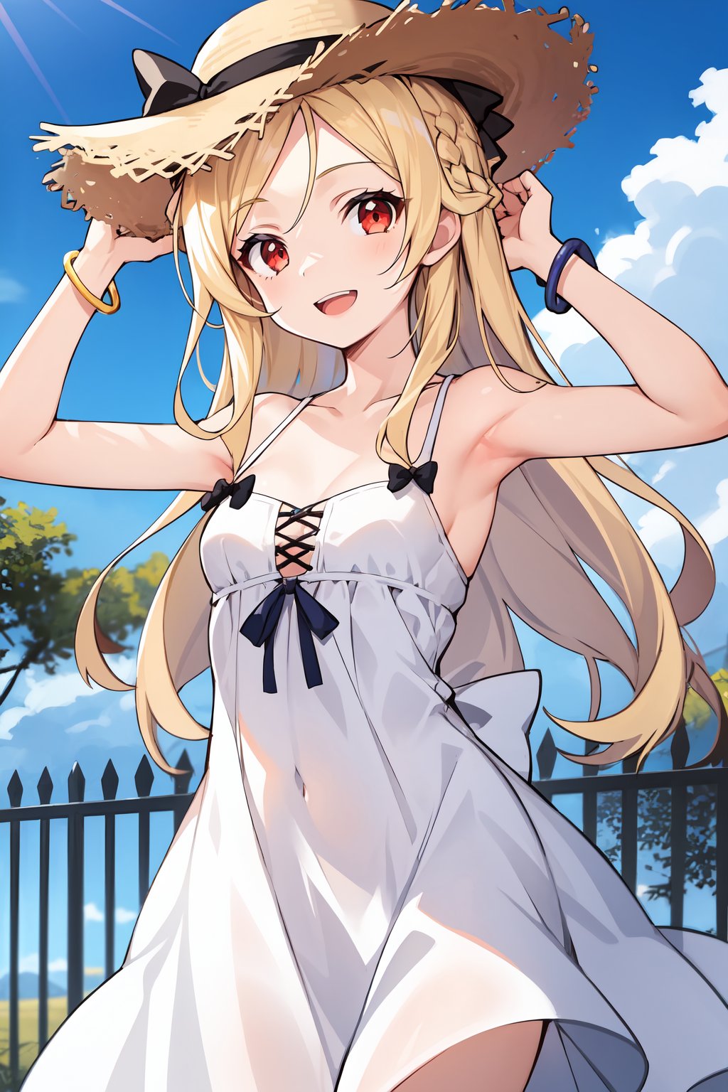 1girl, , armpits, bare shoulders, blonde hair, bow, bracelet, breasts, cloud, cloudy sky, collarbone, day, dress, dress bow, fence, hand on headwear, hat, jewelry, long hair, looking at viewer, open mouth, outdoors, parted bangs, red eyes, sky, small breasts, smile, solo, straw hat, white dress, 