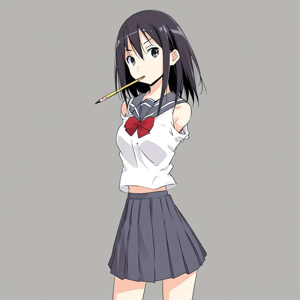 1girl, cartoon, armless, school uniform, miniskirt, holding pencil in mouth, bare shoulders