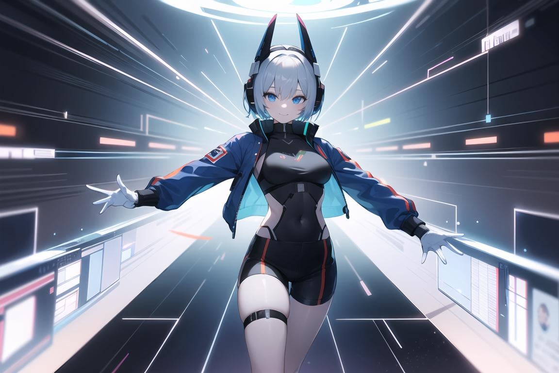 1girl,short hair,pale blue hair,bangs,,blue eyes,medium breasts,slender,wide hips,headphones on head,blue jacket,long sleeves,black sport bra,shorts,thigh strap,white gloves,futuristic costume,smile,flying,dramatic pose,hologram,digital dissolve,(cyberspace:1.3),data,dramatic angle,solo,BREAK,SBAI,SBAI,SBAI,SBAI,SBAI,SBAI,SBAI,SBAI,SBAI,SBAI,SBAI,SBAI,SBAI,SBAI,SBAI,SBAI,SBAI,SBAI,SBAI,SBAI,SBAI,SBAI,SBAI,SBAI,SBAI