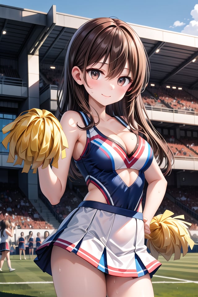 insanely detailed, absurdres, ultra-highres, ultra-detailed, best quality,1girl, solo, nice hands, perfect handsBREAK(cheering, cheerleader girl, holding pom-poms, cheerleader costume, sweat:1.3)BREAKhappy smile, laugh, closed mouthBREAK45 angle,cowboy shot, looking at viewer,BREAKslender, kawaii, perfect symmetrical face, ultra cute girl, ultra cute face, ultra detailed eyes, ultra detailed hair, ultra cute, ultra beautifulBREAK(crowds, spectators, audience:1.3),in school ground, sports festival, day, ultra detailed background,(very wide, panorama view, sense of depth, magnificent view:1.3)BREAKlarge breasts, cleavage, (navel:-1)BREAK(brown hair, brown eyes), long hair, hair between eyes