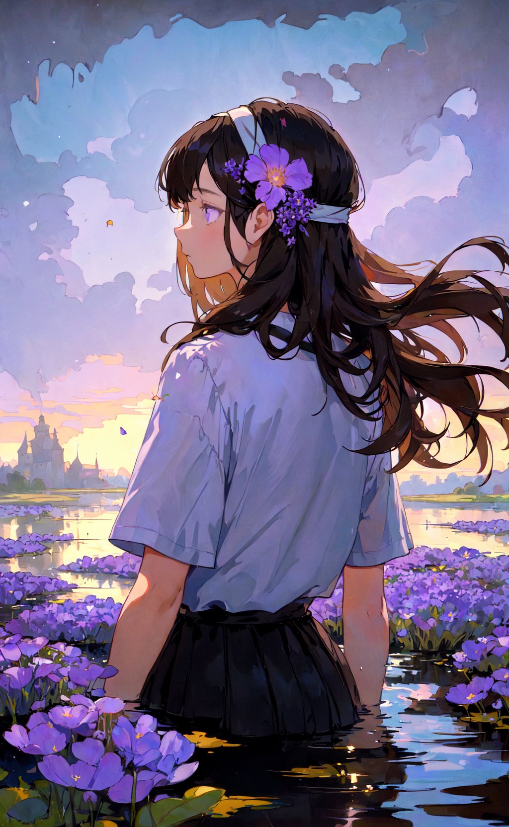 masterpiece, best quality, 1girl, black hair, brown hair, chiaroscuro, faux traditional media, field, flower, from behind, headband, long hair, outdoors, painterly, partially submerged, profile, purple flower, river, shirt, short sleeves