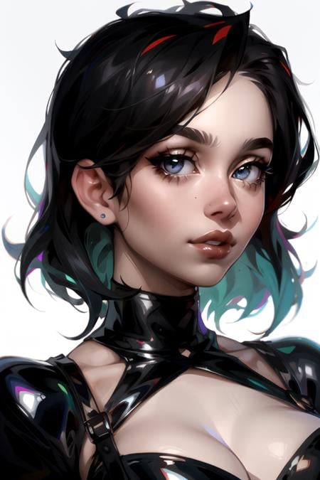 (masterpiece, best quality, sfw, by Sasha Khmel), 1girl, portrait, detailed eyes, short black hairs, leather outfit, <lora:Sasha_Khmel_style_v1:0.9>