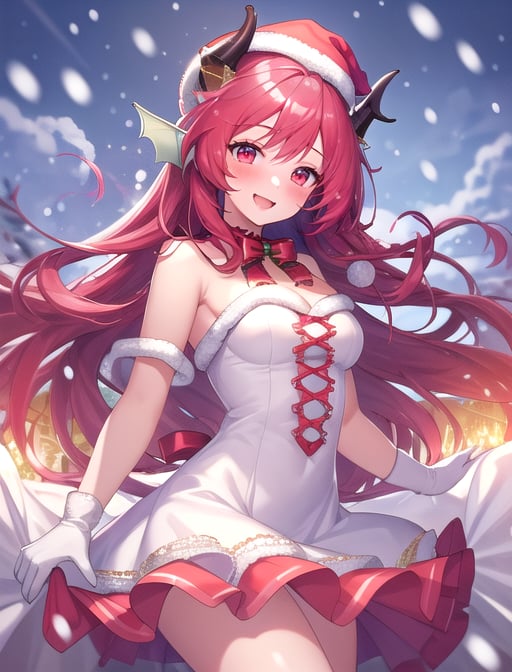 best quality, masterpiece, highres, detailed, digital artwork, <lora:Tools - add_detail:0.2>, AngeVG, <lora:AngeVG:0.8>, 1girl, red hair, long hair, red eyes, head fins, white dress, frills, gloves, horns, snow, santa hat, light glow, christmas, blush, happy, 