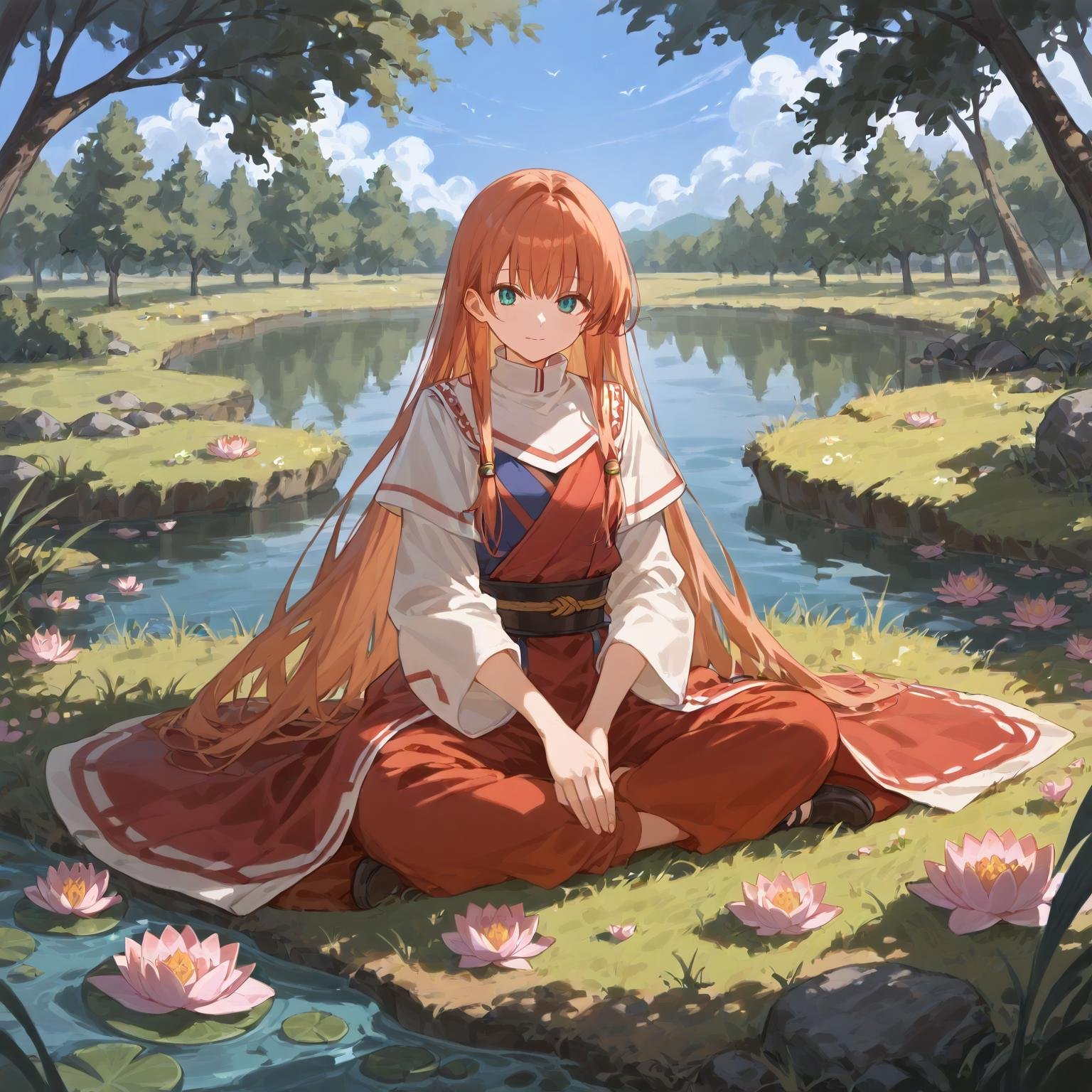 score_9, score_8_up, score_7_up, score_6_up, source anime, 1girl, looking at viewer, lotus position, sitting, on ground, river, grass, tree, masterpeice, best quality, very aesthetic, absurdres