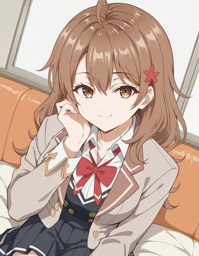 score_9, score_8_up, score_7_up, source_anime, <lora:maria-mikhailovna-kujou-alpha-ponyxl-lora-nochekaiser:1>, maria mikhailovna kujou, long hair, bangs, brown hair, hair ornament, hair between eyes, brown eyes, ahoge, shirt, bow, school uniform, jacket, white shirt, collared shirt, bowtie, red bow, blazer, red bowtie, black skirt, pleated skirt,, indoors, smile, looking at viewer, solo, sitting, head rest,, cowboy shot, dutch angle