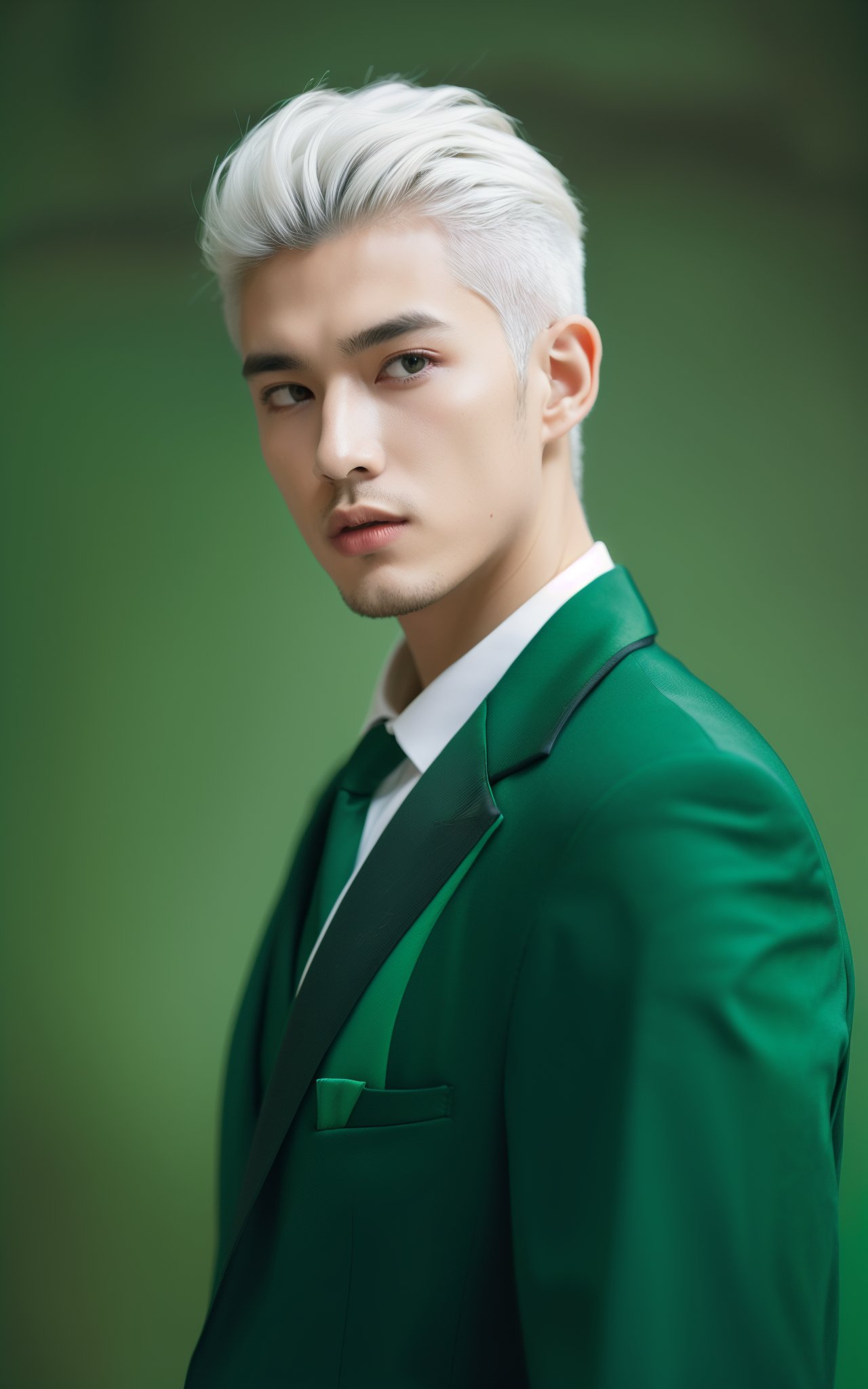 (masterpiece, top quality, best quality, official art, beautiful and aesthetic:1.2) ,cover art,1boy,male focus,solo,suit(,green background:1.3),white hair,