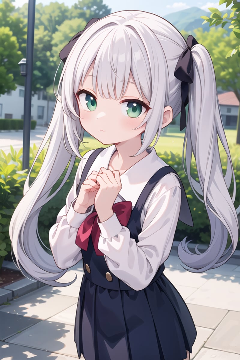 insanely detailed, absurdres, ultra-highres, ultra-detailed, best quality,1girl, solo, nice hands, perfect hands,BREAK,wearing summer school uniform,expressionless, closed mouth,standing,45 angle, cowboy shot, looking at viewer,BREAK,(tsurime:1.4),slender, kawaii, perfect symmetrical face, ultra cute girl, ultra cute face, ultra detailed eyes, ultra detailed hair, ultra cute, ultra beautiful,by Canon EOS, SIGMA Art Lens 35mm F1.4, ISO 200 Shutter Speed 2000,BREAK,in a park,silver hair, twintails, green eyes,