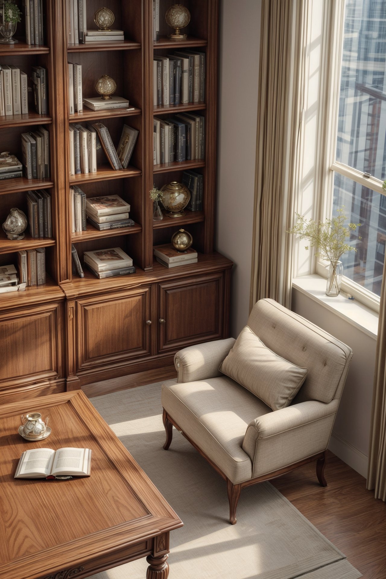 Ultra-realistic 8k CG,masterpiece,best quality,Highly detailed,Professional,extreme detail description,indoors,frame,table,chair,bookcase,<lora:Yue暖馨室内设计v1:0.7>,<lora:add_more_details:0.6>,bookshelf,book,desk lamp,from_above,front view,expose half of the breast,