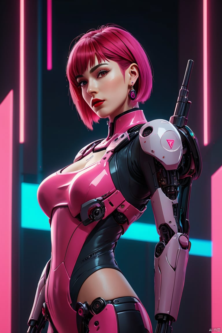 Anime Artwork Lucy (Cyberpunk),  Pink Short Hair,  Pink Eyes,  Red Lips,  (Front),  (Full Body),  Bodysuit,  Punk Stud Earrings,  Bossy,  Brave,  Key Visual,  Vibrant,  High Detail,  Illustration,  Short Straight Hair,  Futurism,  NFT Art,  Solid Color Background,  Robotic Arm,  Cartoon Coloring,  Tendal Effect. Non-Realistic Rendering Transparency,  Color Tilt,  Animation,  Blender Geometry Art,  Intrlligence 4k Image,  Epic,  Cinematic Effects,  Neon Cold Pounding,  Octane Rendering,  OC,  8k