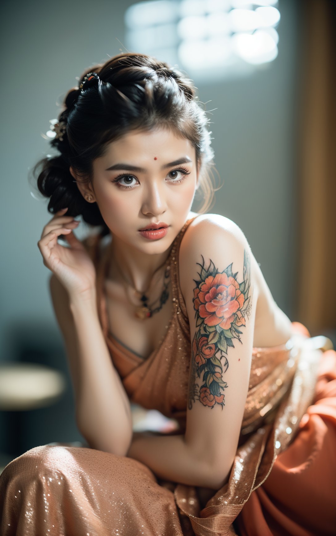 Stunning Canadian Boyfriend,Photography,Sitting with hands around ankles,French twist hairstyle,Indian Yamaha Tattoo,Brooch,studio lighting,film grain,Nikon Z9,Depth of field 100mm,