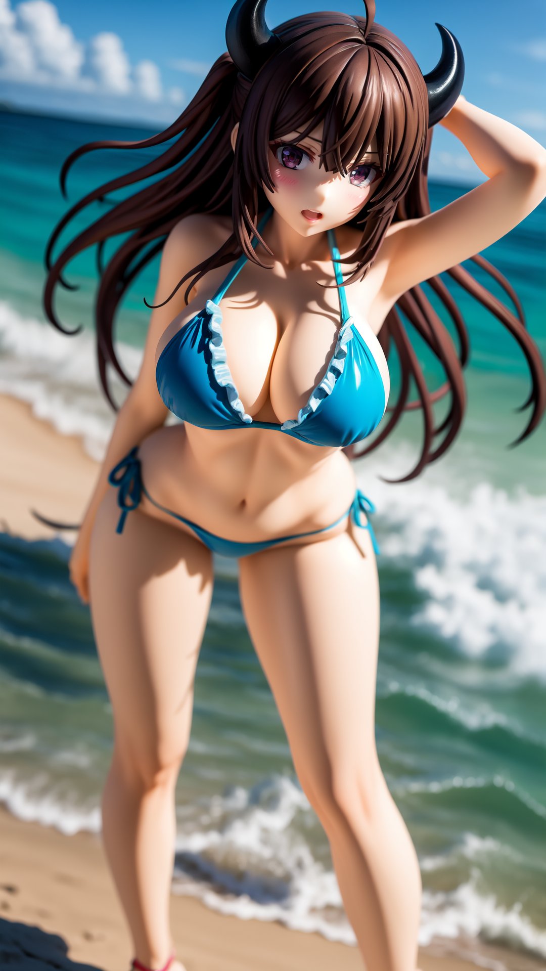 surreal,amazing quality,masterpiece,best quality,1girl,yoshida yuuko \(machikado mazoku\),tail,swimsuit,demon tail,horns,bikini,breasts,long hair,solo,demon girl,demon horns,outdoors,curled horns,beach,sky,day,cleavage,ocean,brown hair,ahoge,water,cloud,blue bikini,large breasts,blue sky,sandals,frilled bikini,