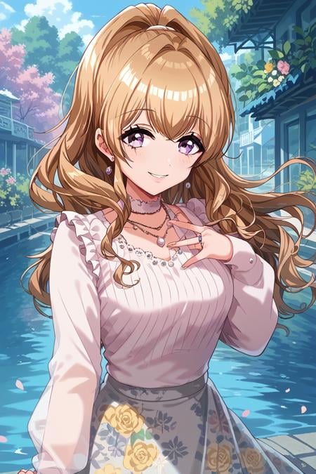 score_9, score_8_up, score_7_up, score_6_up, <lora:Kase_Mana:0.9> kase, 1girl, solo, skirt, smile, looking at viewer, floral print, purple eyes, long hair, necklace, jewelry, long sleeves