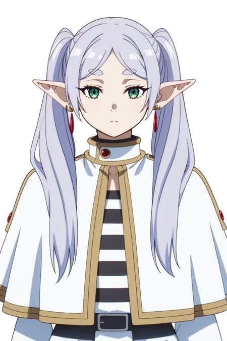 <lora:anime_screencap_v2:0.3>portrait, solo focus, solo, close-up, (white background, plain background, simple background:1.3), frieren_frieren, 1girl, jewelry, pointy ears, solo, earrings, twintails, elf, long hair, green eyes, looking at viewer, upper body, shirt, expressionless, closed mouth, striped, parted bangs, bangs, capelet, striped shirt, grey hair <lora:frieren-02:0.8>