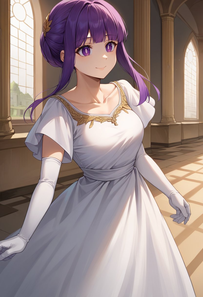 score_9, score_8_up, source_anime, 1girl, solo, FernDress, purple eyes, purple hair, hair bun, sidelocks, white dress, (gold embroidery:0.8), collarbone, short sleeves, elbow gloves, white gloves, smile, indoors, palace, <lora:CHAR-FernPonyXL:1>