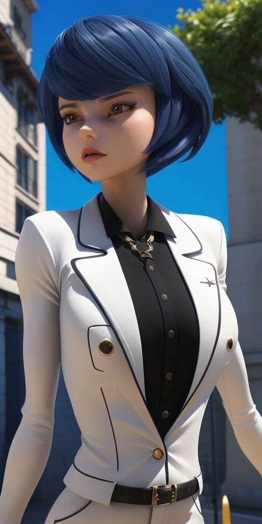 Hyperrealistic, photorealistic, super detailed, white long-sleeved blazer that has black outlines around the collar, expressive sharp slanted moderate vermilion eyes, thick straight black hair with blue reflections bangs swept to the left in a face-framing bob that levels with her chin with dark blue tints, lighter dusting of light-brown freckles, body like in real life, large pores, fair skin, slender, beautiful arms, (very little very flat breasts), unreal engine, octane render, droped shadow, bokeh, cinematic lighting, <lora:add_detail:0.5>, <lora:Volumetric_lighting:0.6>, Kagami Tsurugi,, <lora:dc2cca4f-0ca7-4e9e-8f19-795820b7cd3f:0.7>