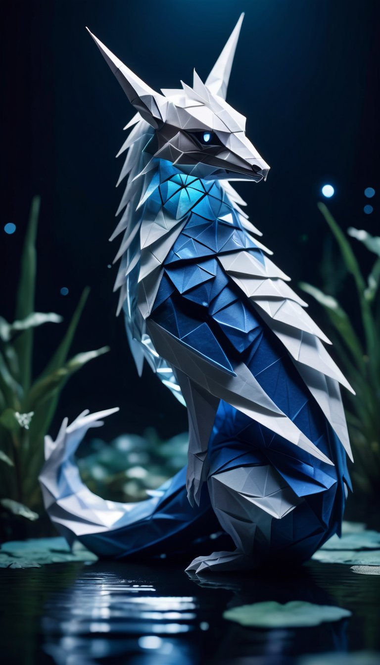 high quality,extremely detailed and beautiful origami fantasy translucent magical chillet,glowing within,blue and white colors,beautiful vibrant dark moonlight lake at night,sharp focus,intricate,detailed illustration,beautiful color palette,incredible details,high contrast,high dynamic light,perfect composition and chiaroscuro,glowing magical moonlight,bioluminescent creature,intricately detailed,true masterpiece,(chillet:0.7),1girl,white hair,