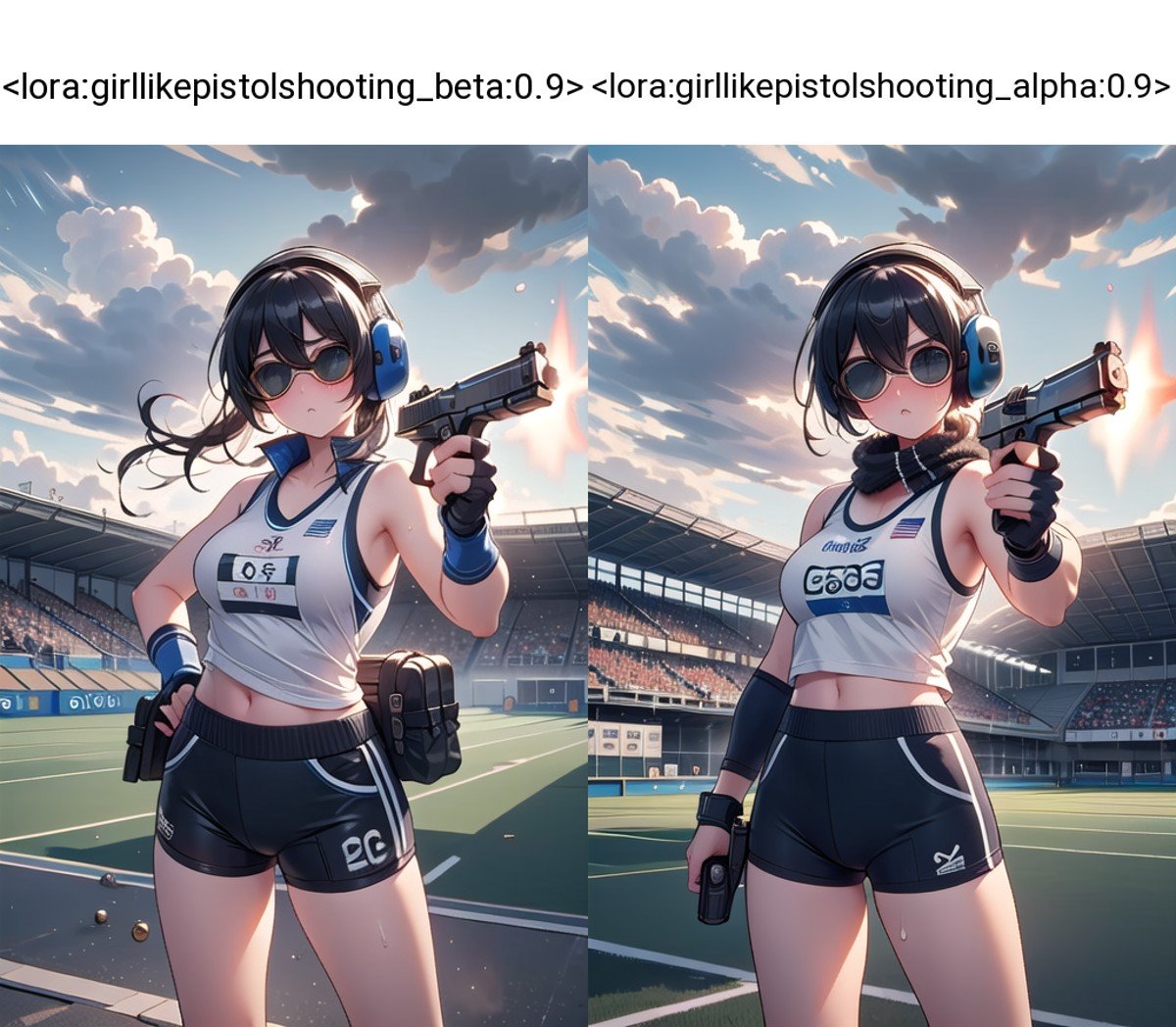 ((pistol shooting)), ((firing range)), (holding air handgun), muzzle flash, aiming at viewer and target, player uniform, sleeveless, sports shorts, ear defenders, fingerless gloves, olympic games venue, wind, steam, sweat, shadow, 1girl, big tits, facing viewer standing, (((tinted eyewear))), <lora:girllikepistolshooting_beta:0.9>