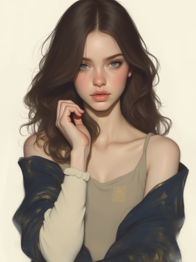 OBxiaoxiang,This is a digital painting of a young woman with an ethereal, dreamy quality. She has fair skin, striking blue eyes, and full, slightly parted lips. Her long, wavy dark brown hair cascades around her shoulders, framing her face. She is wearing a loose, off-shoulder top in a muted beige color, and a dark blue, patterned shawl draped over her shoulders. The shawl features a subtle, abstract design with hints of gold and dark blue, adding a touch of elegance. Her left hand is gently resting on her cheek, and her right arm is partially visible, covered in a cream-colored sleeve that contrasts with her dark hair and the dark blue shawl. The background is a soft, gradient white to light beige, which helps to focus attention on the subject. The overall style of the painting is soft and delicate, with a focus on subtle textures and soft, blended colors that create a dreamlike atmosphere. The artist's use of light and shadow enhances the subject's features and the softness of her expression. The image evokes a sense of tranquility and introspection.